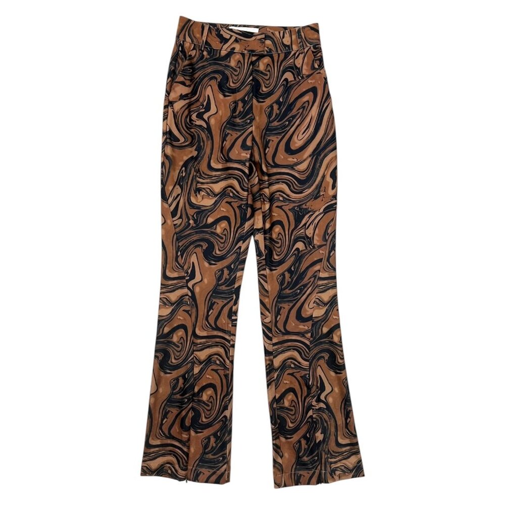 House of Sunny Womens Marble Print‎ Flare Pants Brown Size 2 Split Hem High Rise